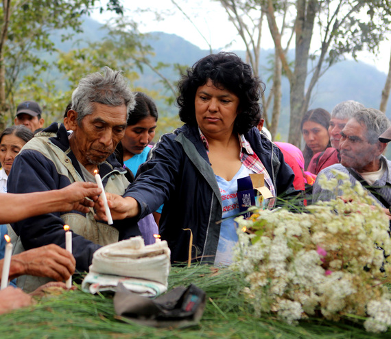 Berta Caceres in the Rio Blanco region of western Honduras where she, COPINH (the Council of Popular and Indigenous Organizations of Honduras) and the people of Rio Blanco have maintained a two year struggle to halt construction on the Agua Zarca Hydroelectric project, that poses grave threats to local environment, river and indigenous Lenca people from the region. She gathered with members of COPINH and Rio Blanco during a meeting remembering community members killed during the two year struggle.